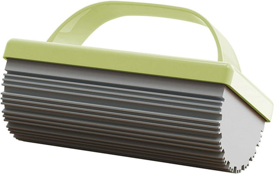 THE GIR FARMER handheld reusable scrubber for kitchen with green handle and gray ridged silicone scrubbing pad