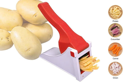 THE GIR FARMER heavy duty vegetable chopper red handheld slicer producing potato fries with white base