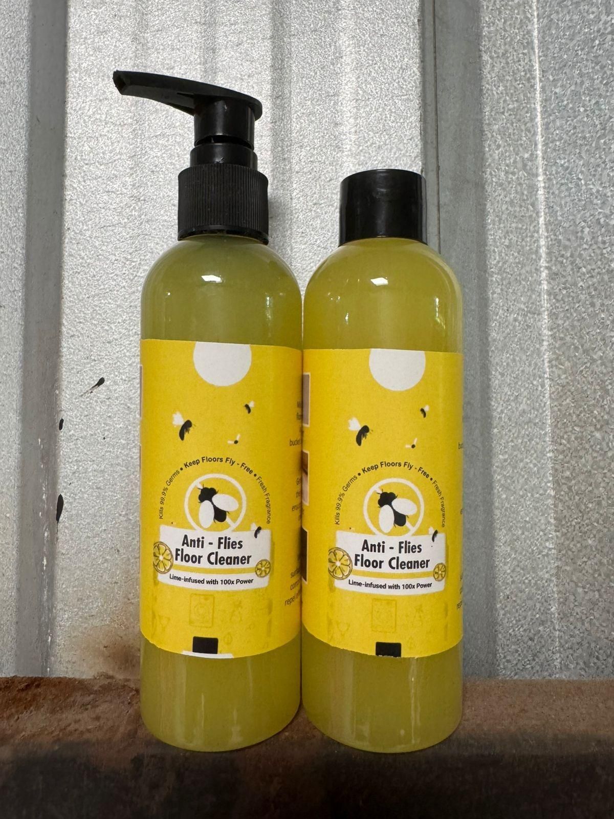 THE GIR FARMER anti flies floor cleaner two bottles with yellow labels and pump natural fly repellent pack of 2