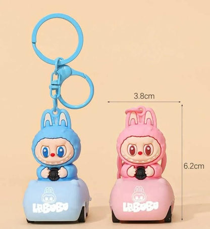 Labubu car keychain featuring blue and pink bunny characters on miniature cars