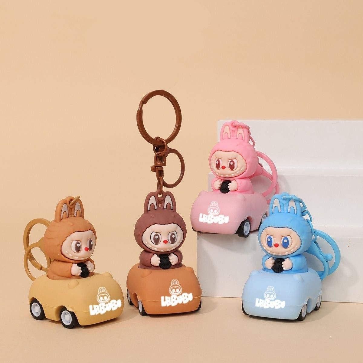 Colorful Labubu car keychain featuring cute characters in various pastel colors for stylish key organization