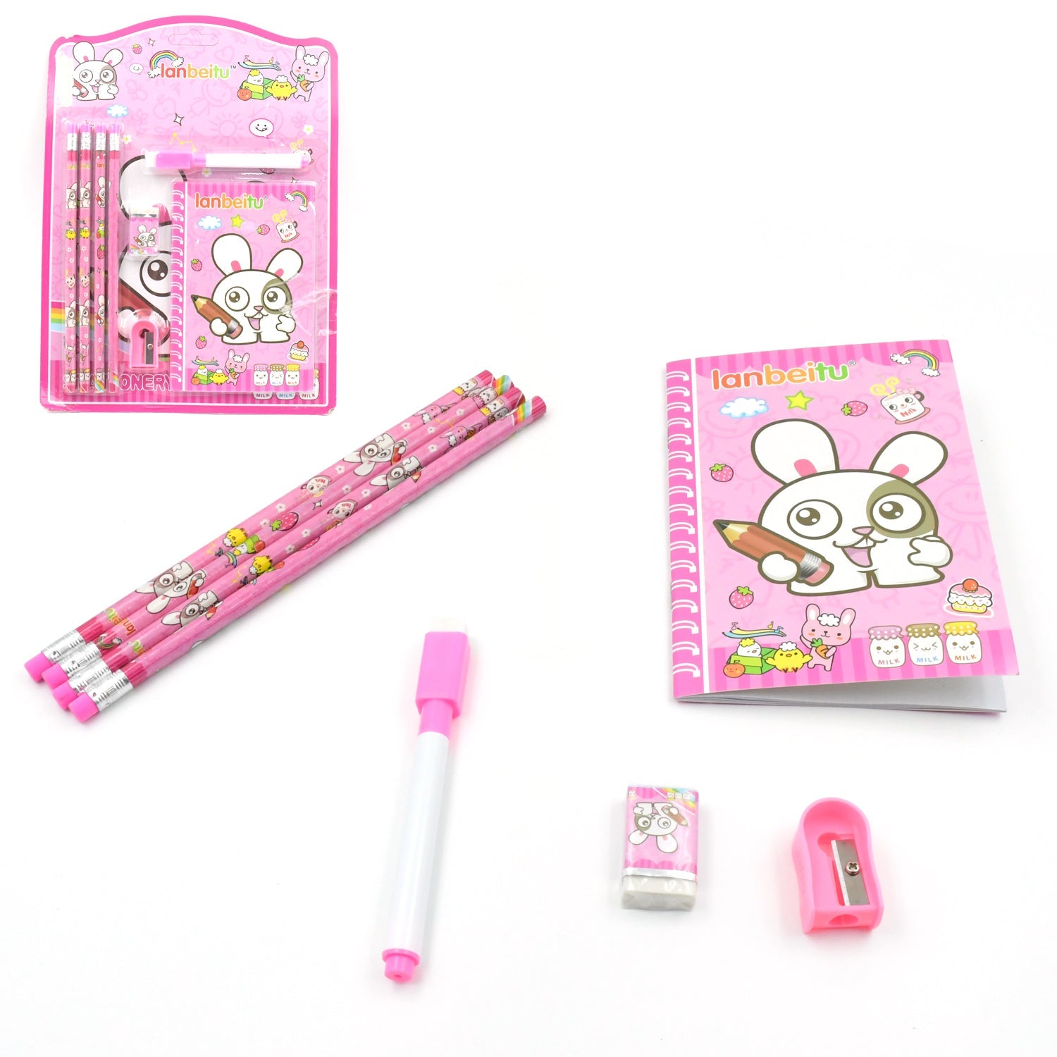 Kids stationery kit with diary, featuring colorful pencils, a cute notebook, eraser, sharpener, and pen