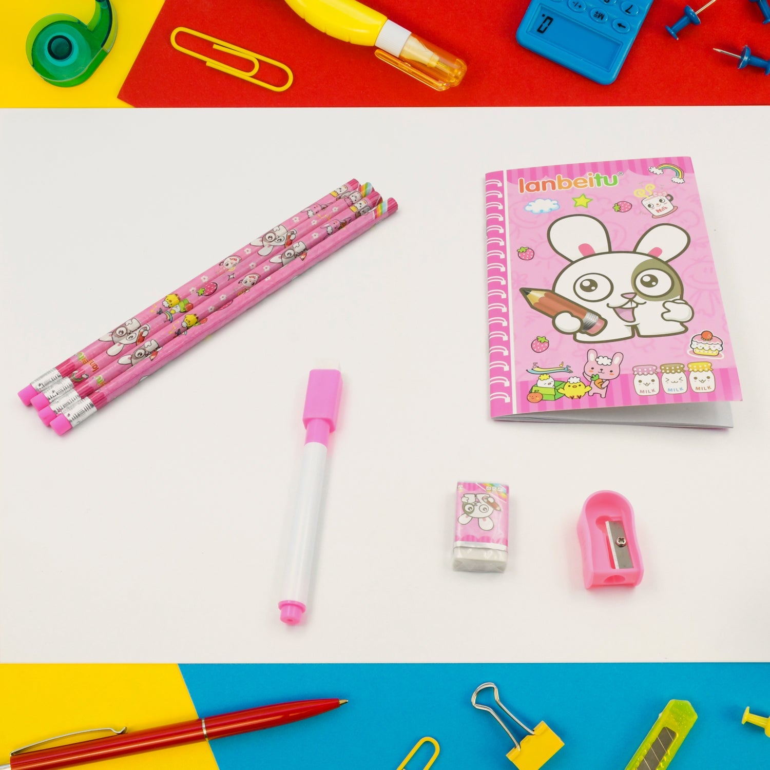 Colorful kids stationery kit with diary, pencils, eraser, sharpener, and marker for school use