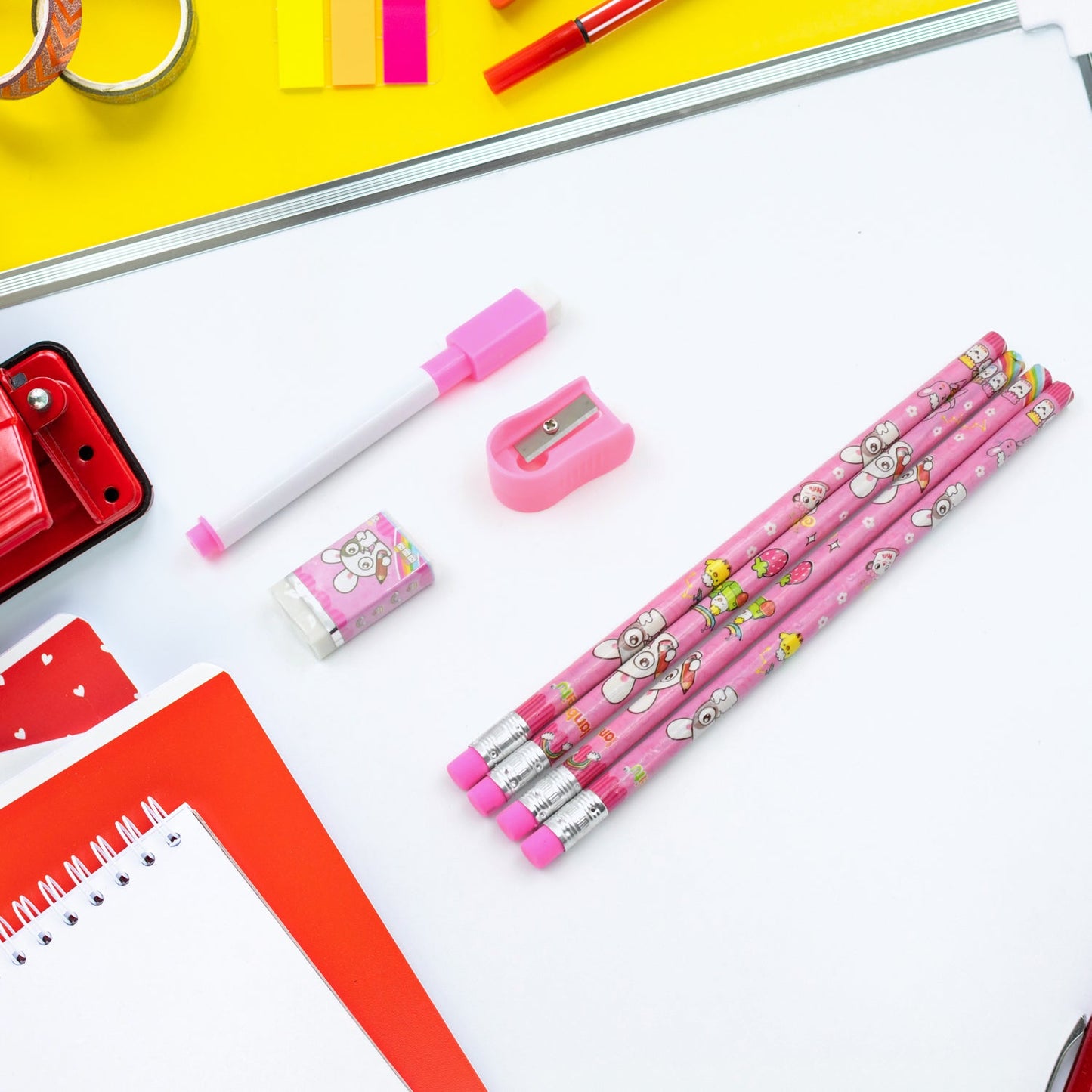 Colorful kids stationery kit with diary, featuring cute pencils, erasers, and accessories