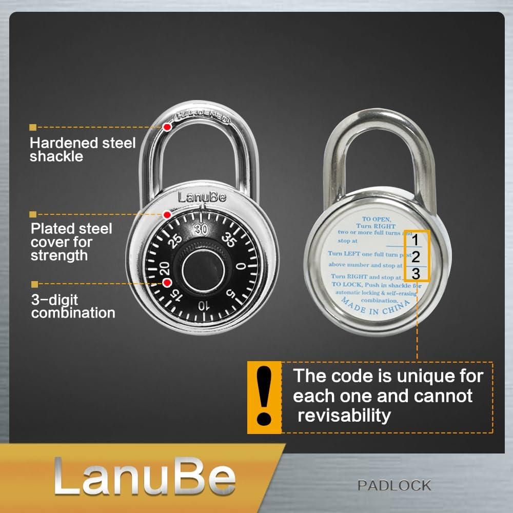 Standard dial combination lock with hardened steel shackle and plated steel cover for strength