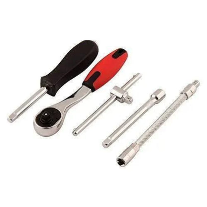 Large all-in-one repair toolkit with ratchet wrench, screwdriver handle, and extension bars in silver and black red
