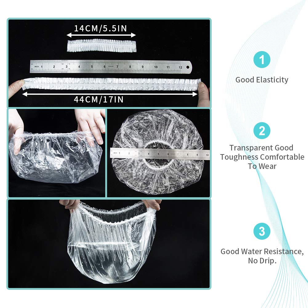Large disposable shower caps for women demonstrating elasticity and size with a transparent design