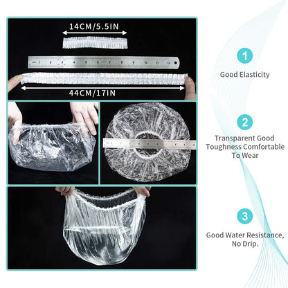 Large disposable shower caps for women demonstrating elasticity and size with a transparent design