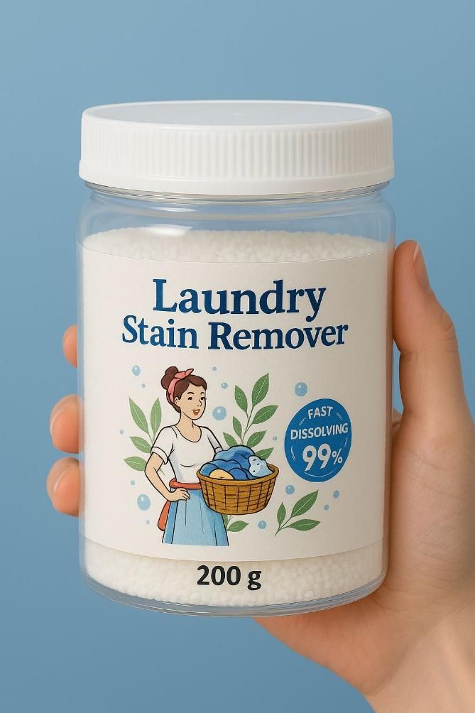 The Gir Farmer non-toxic laundry stain remover in clear jar with white lid and 200g label