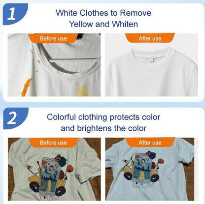 Before and after comparison showing stained white shirt cleaned and printed tee brightened using color bleach laundry detergent