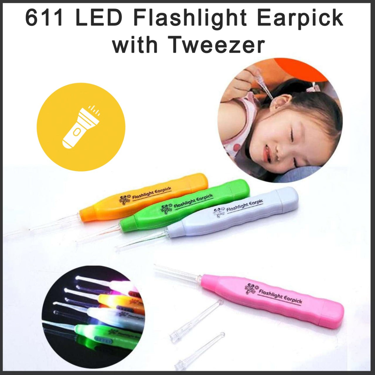 Multicolor LED flashlight earpick with tweezer for safe ear cleaning and visibility