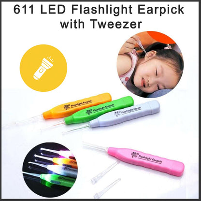 Multicolor LED flashlight earpick with tweezer for safe ear cleaning and visibility