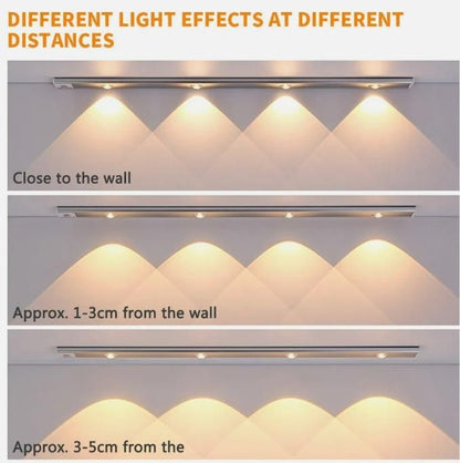 LED motion sensor cabinet light showing different light effects at various distances from the wall
