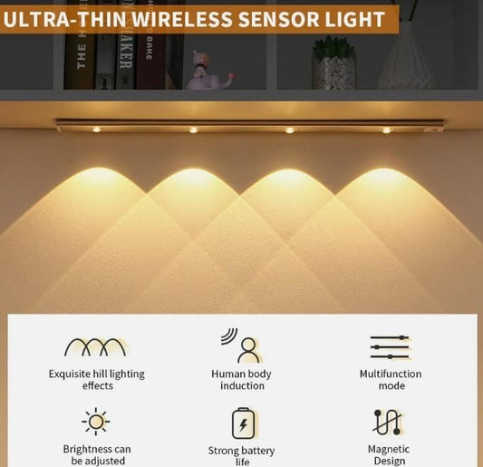 Ultra-thin wireless LED motion sensor cabinet light mounted under a shelf with warm white lighting