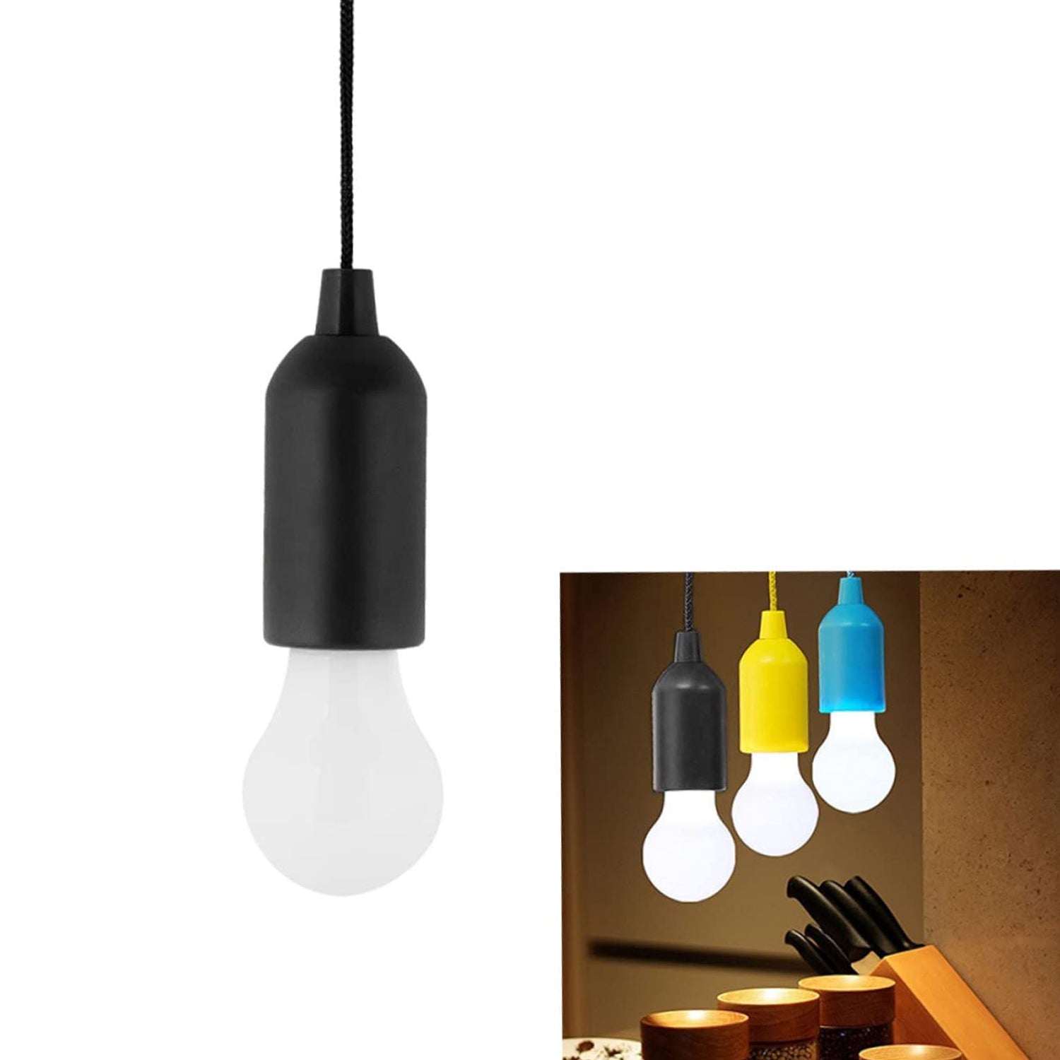LED pull cord light bulb in black socket with various colored bulbs for stylish lighting solutions