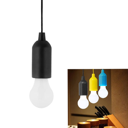 LED pull cord light bulb in black socket with various colored bulbs for stylish lighting solutions