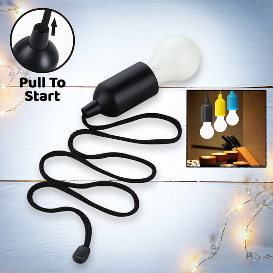 LED pull cord light bulb with a black pull string for easy on-off operation in various settings