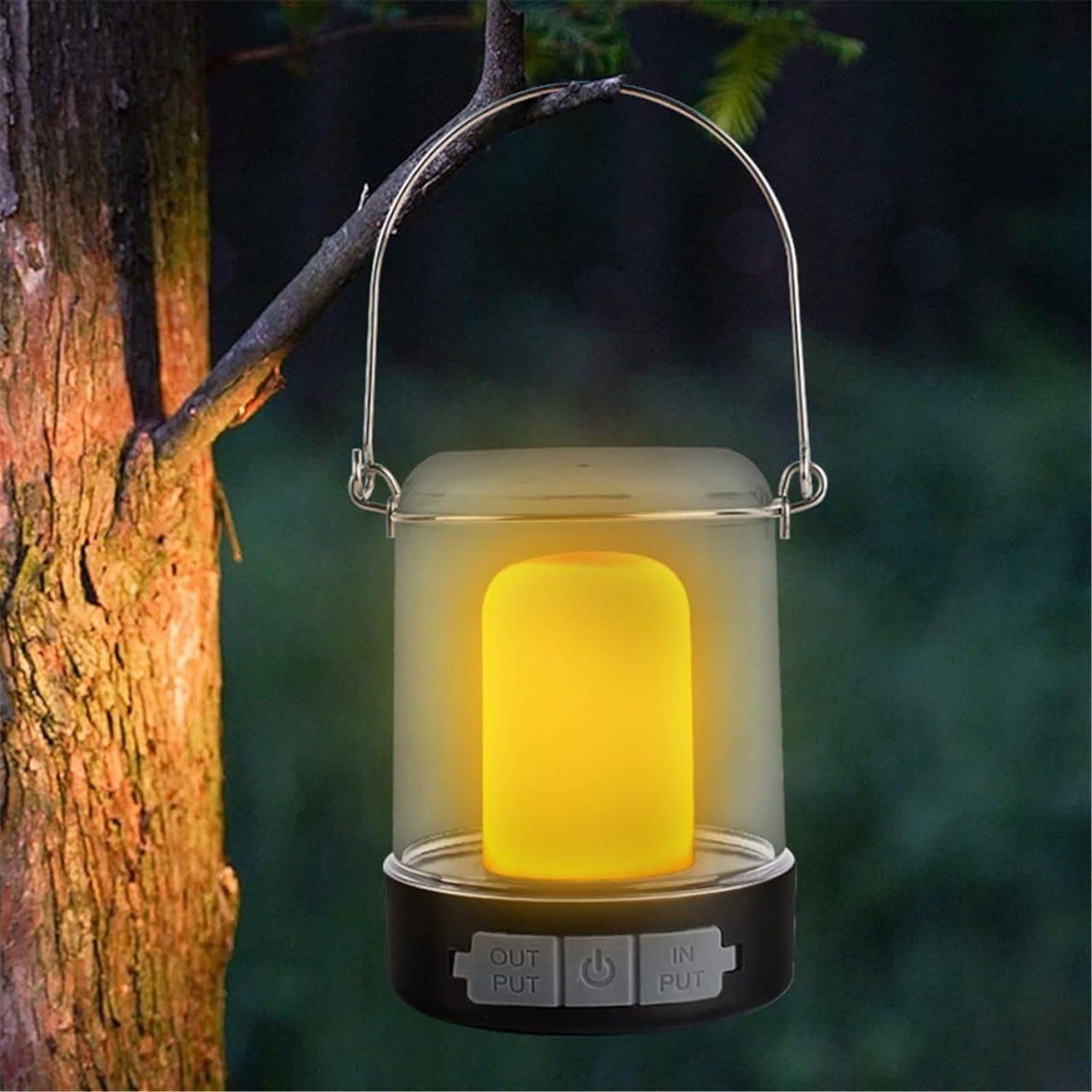 LED rechargeable camping lantern with warm yellow glow, perfect for outdoor activities