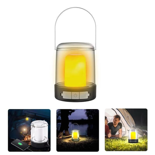 LED rechargeable camping lantern in yellow with a handle for outdoor adventures and emergency use