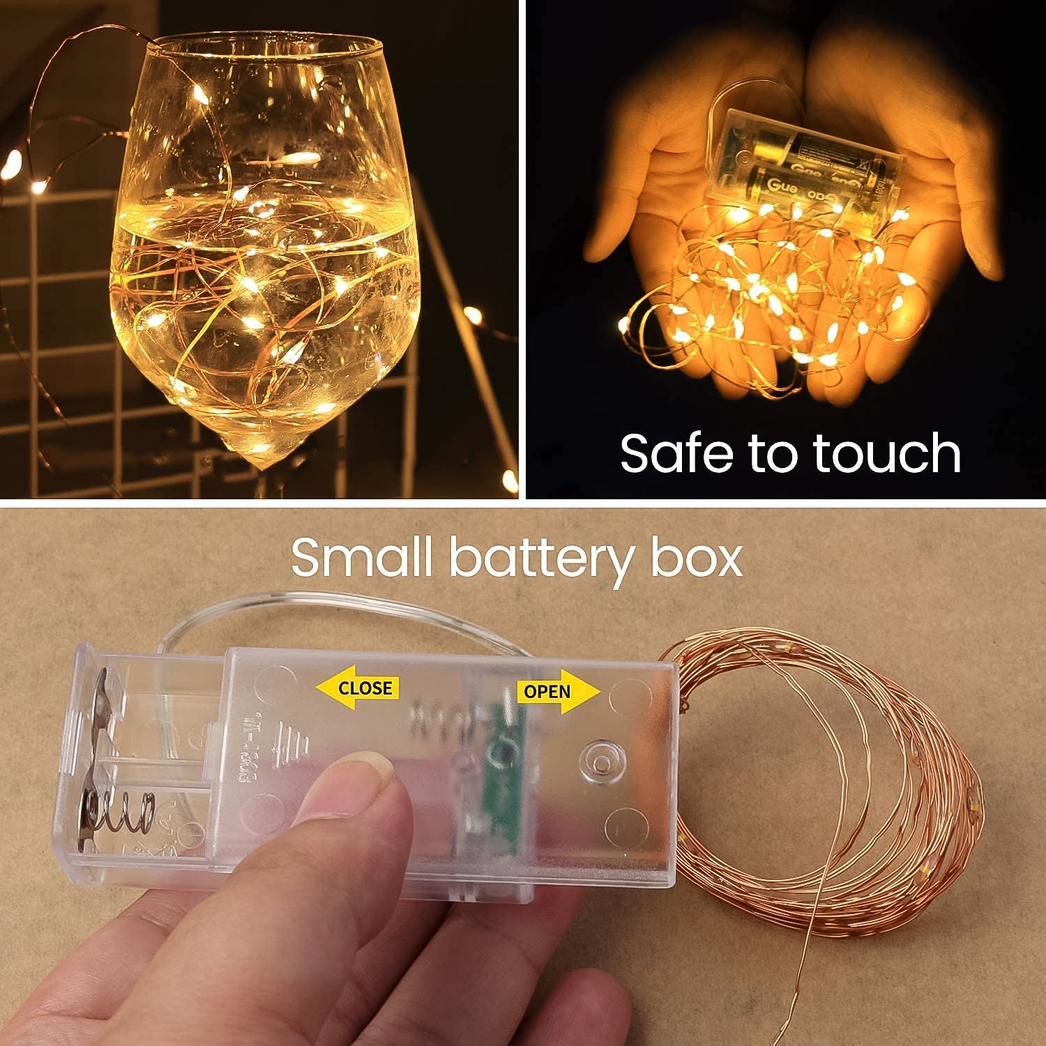 LED waterproof fairy lights in a glass, showcasing safe touch and small battery box for easy use.