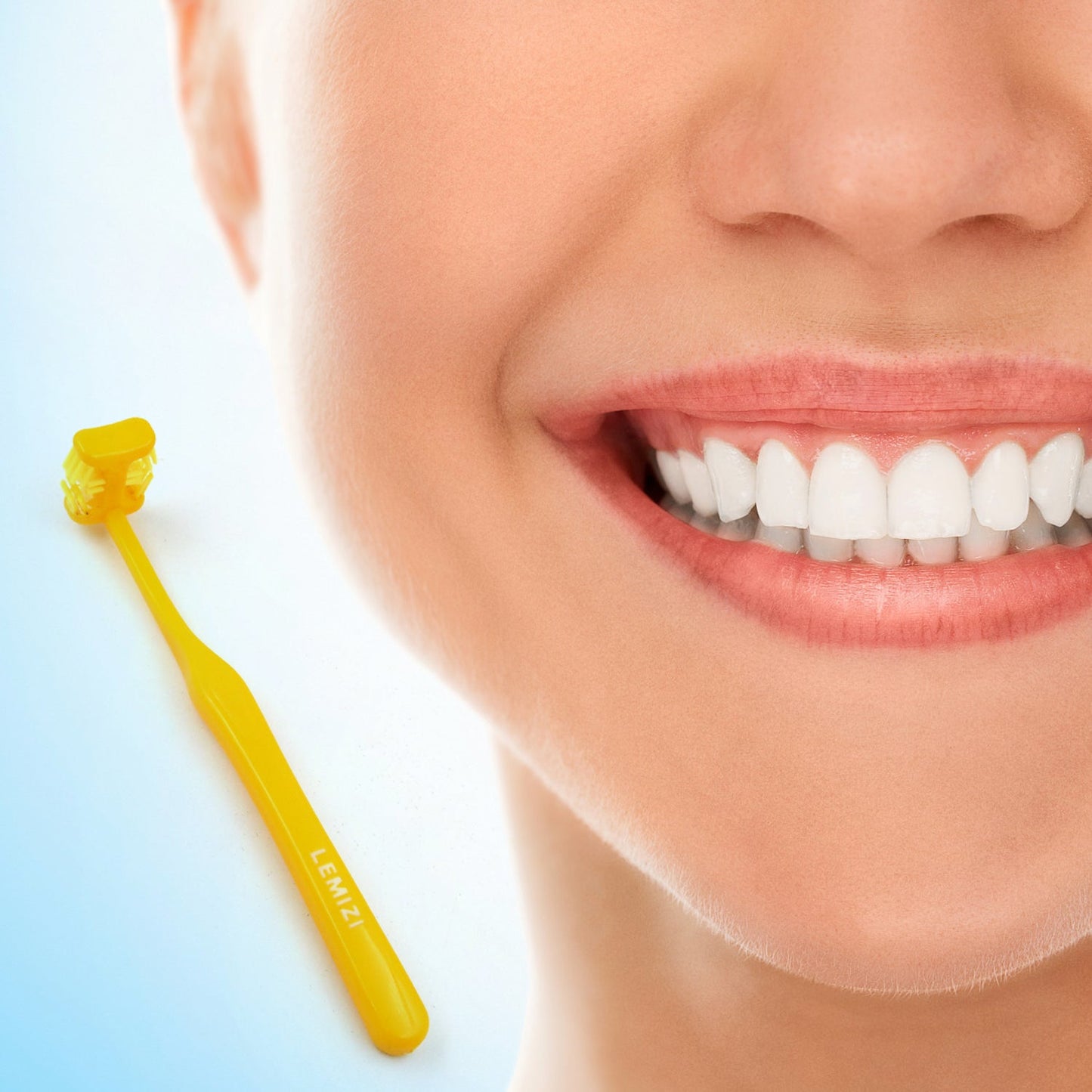 Your Brand six sided soft toothbrush with a bright yellow handle for gentle dental care