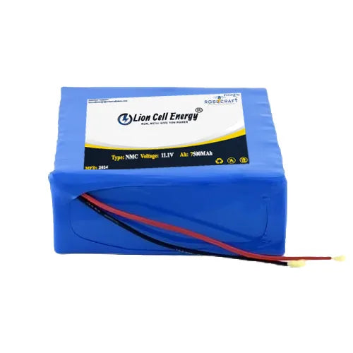 UttamRobotics 11.1V 5000mAh lithium ion battery pack. Blue wrapped battery pack with red and black leads