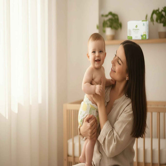 Happy mother holding baby wearing soft white organic baby diapers XL in a cozy nursery setting