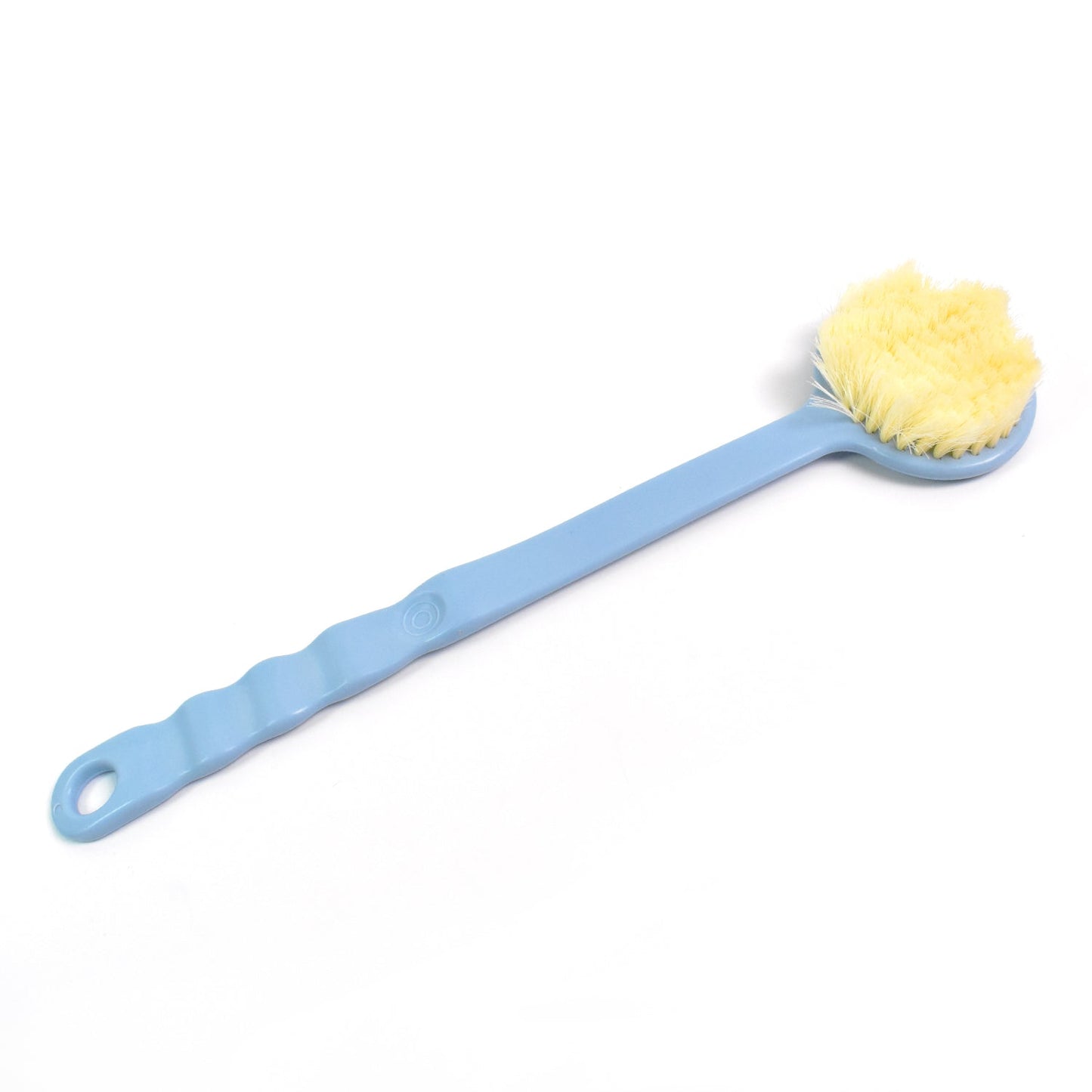 Long handle back scrubber for shower in blue with soft bristles for effective cleaning