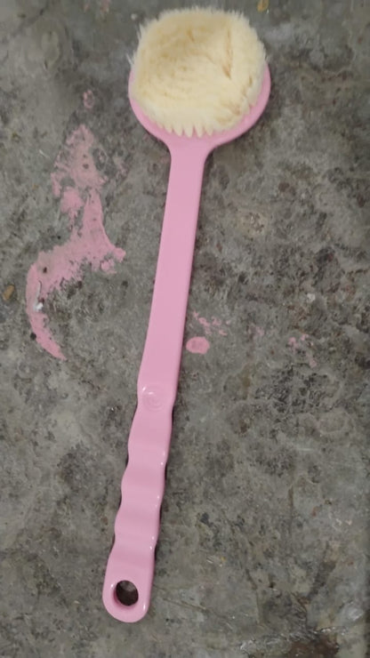 Your Brand long handle back scrubber for shower in pink with soft bristles for easy cleaning