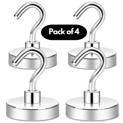 Pack of 4 chrome magnetic hooks with strong round bases for garage kitchen organization heavy duty magnetic hanging hooks