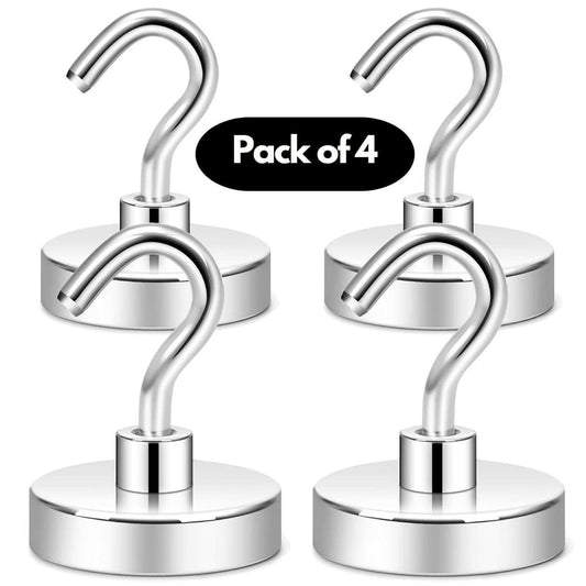 Pack of 4 chrome magnetic hooks with strong round bases for garage kitchen organization heavy duty magnetic hanging hooks