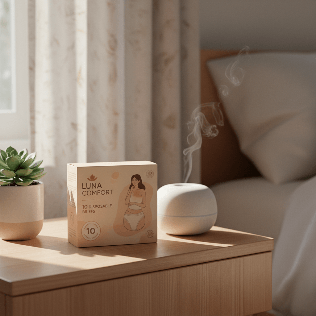 Luna Comfort Disposable Period Panties for Women in a cozy room with a plant and diffuser