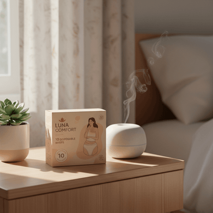 Luna Comfort Disposable Period Panties for Women in a cozy room with a plant and diffuser