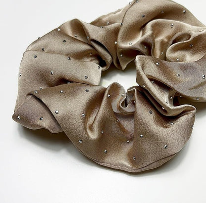 Luxury silk scrunchie for women in beige with small sparkling rhinestones for elegant styling