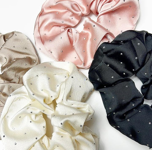 Set of luxury silk scrunchie for women in pink, black, white, and beige with small decorative dots