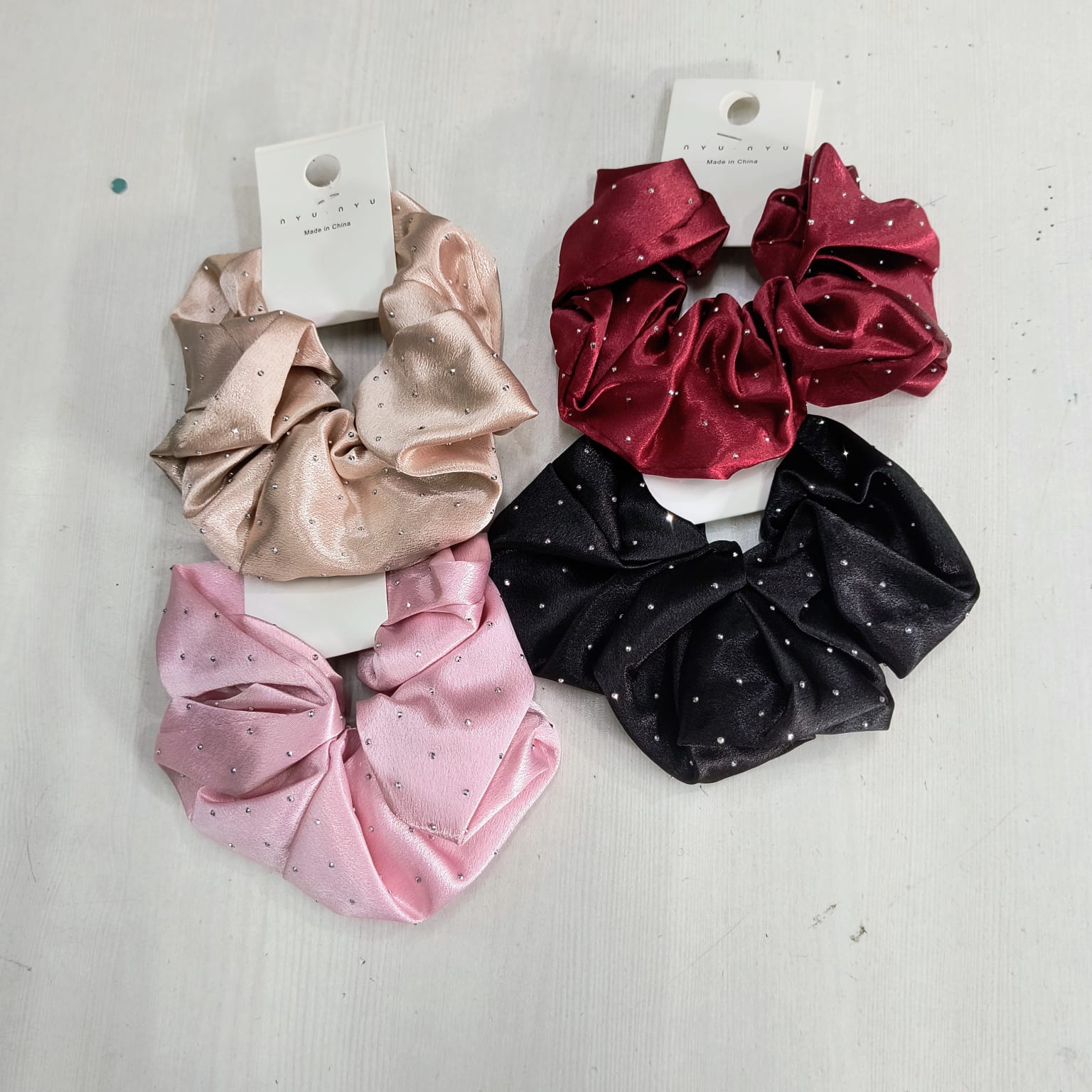 Amd-Deodap luxury silk scrunchie for women in beige, red, pink, and black with rhinestone accents