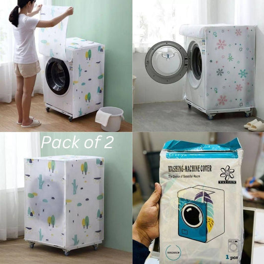 Colorful machine cover for laundry room with floral and cactus designs protecting washing machines