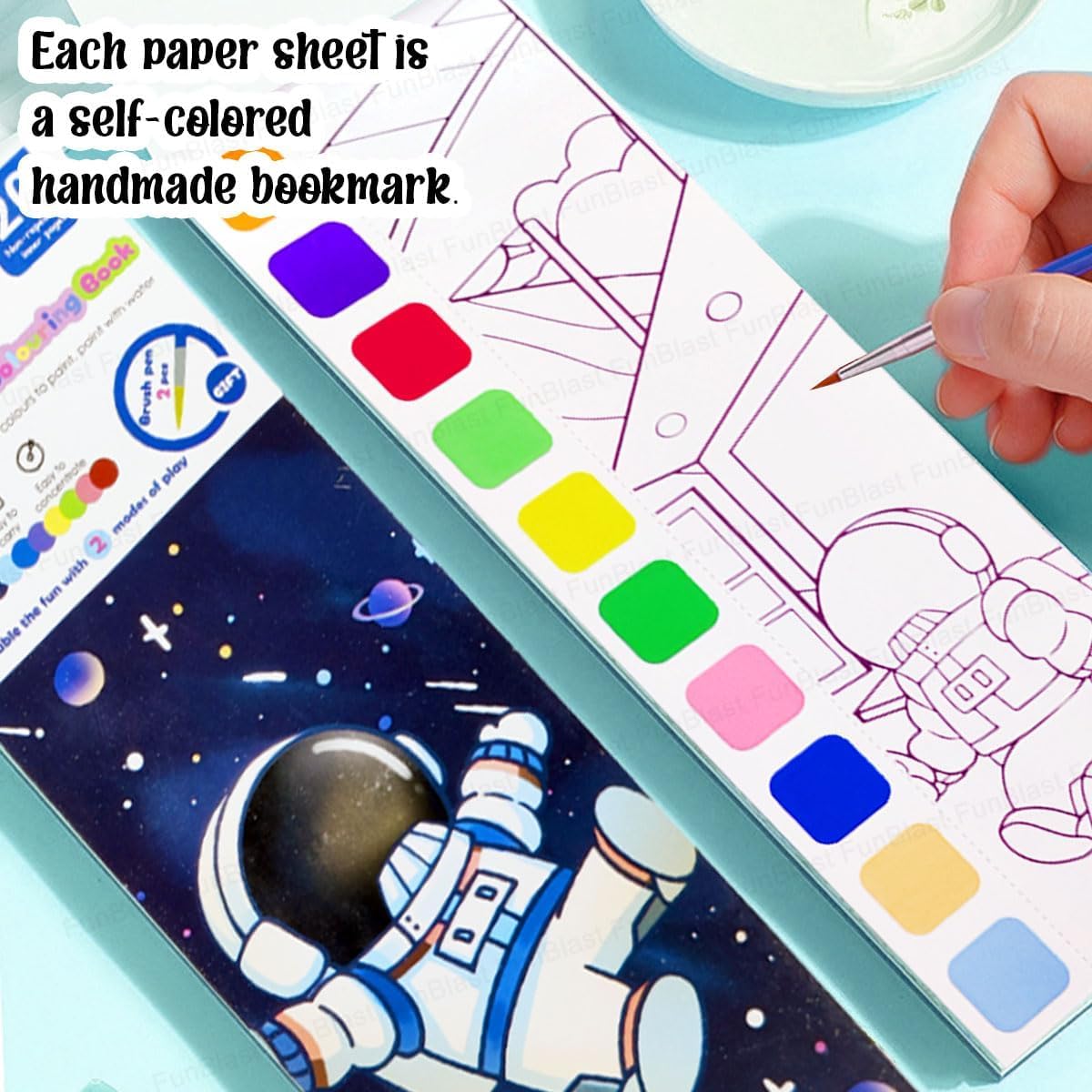 Magic water coloring book for kids with space astronaut design and colorful paint palette