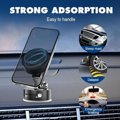 Magnetic car dashboard phone holder shown on car dashboard with strong adsorption for steep roads delayed and emergency braking