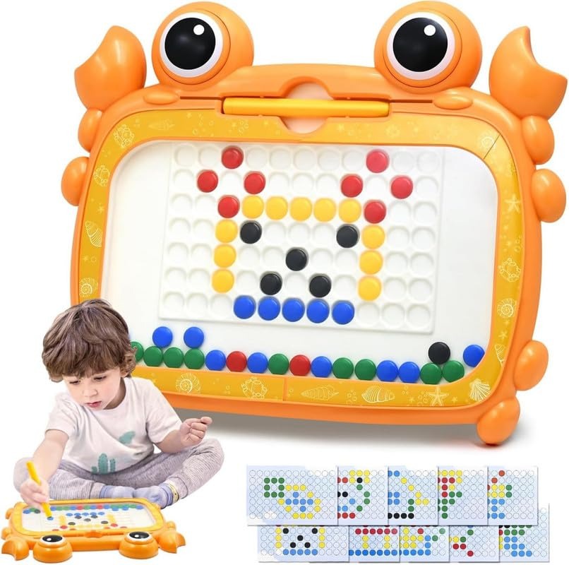 Orange magnetic drawing board with cute crab design, ideal for creative play and learning for kids