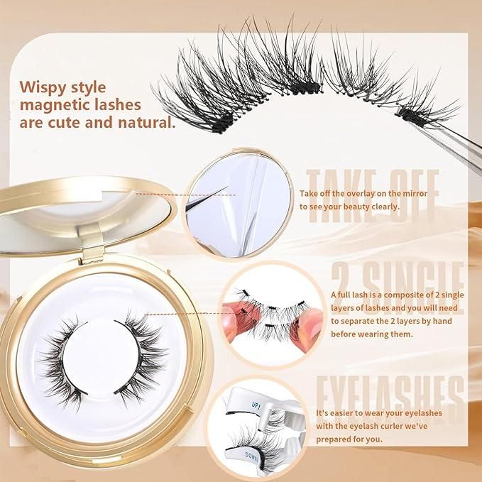 Wispy style magnetic eyelashes pair in a compact with application instructions for a natural look