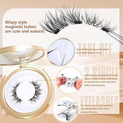 Wispy style magnetic eyelashes pair in a compact with application instructions for a natural look