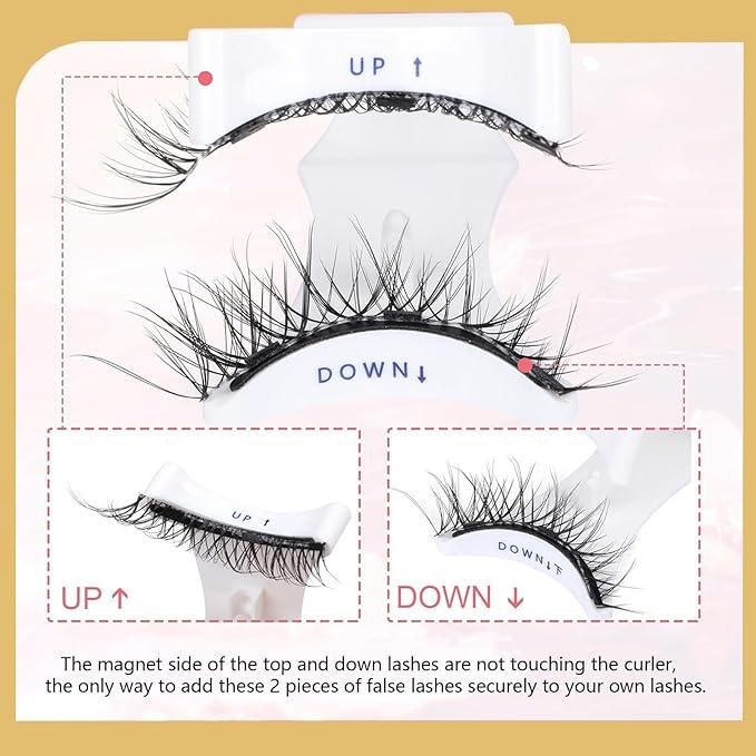 Magnetic eyelashes pair displayed on a lash curler with clear instructions for application