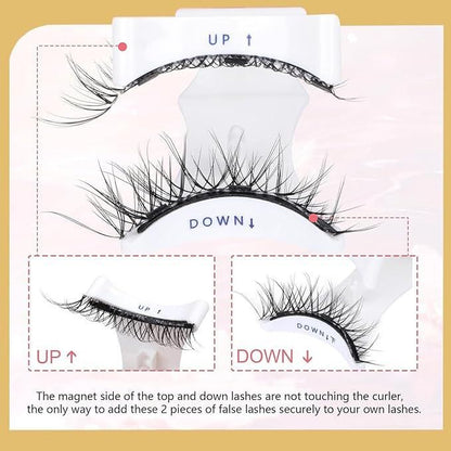 Magnetic eyelashes pair displayed on a lash curler with clear instructions for application
