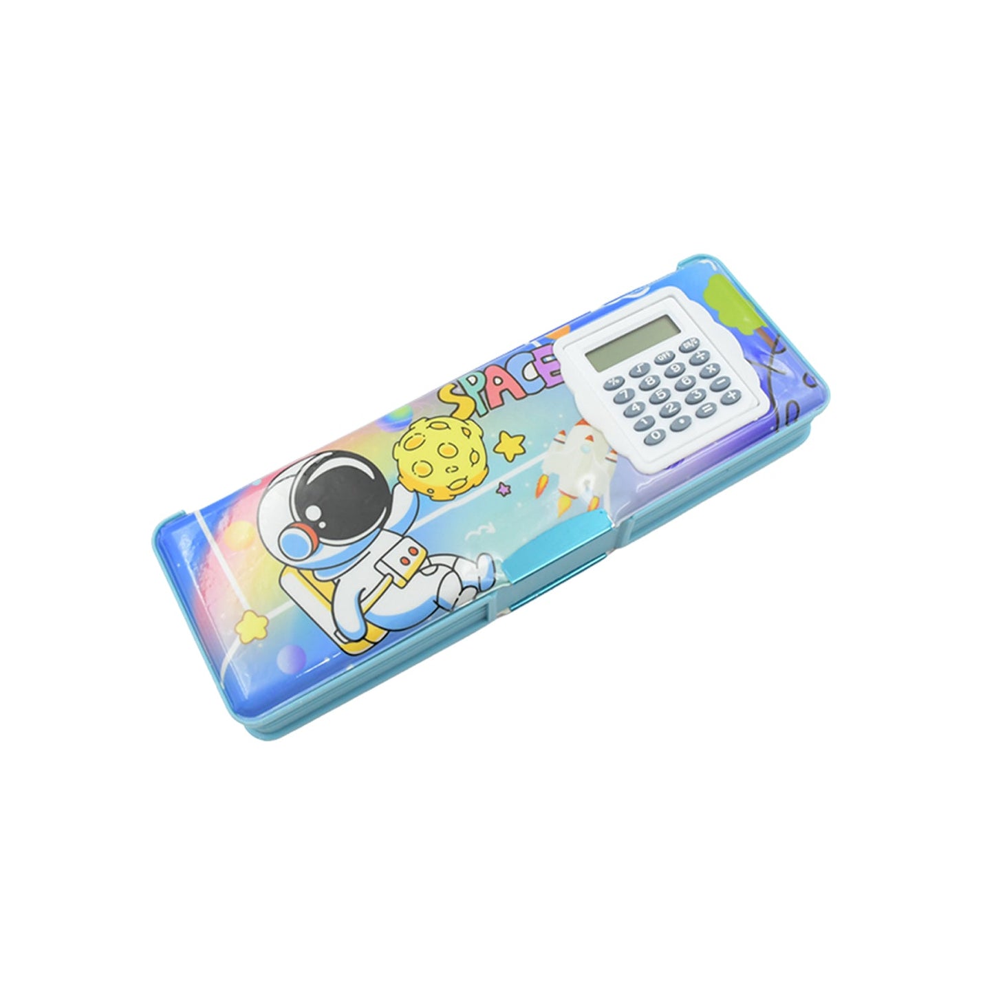 Colorful magnetic geometry box for students featuring astronaut design and built-in calculator