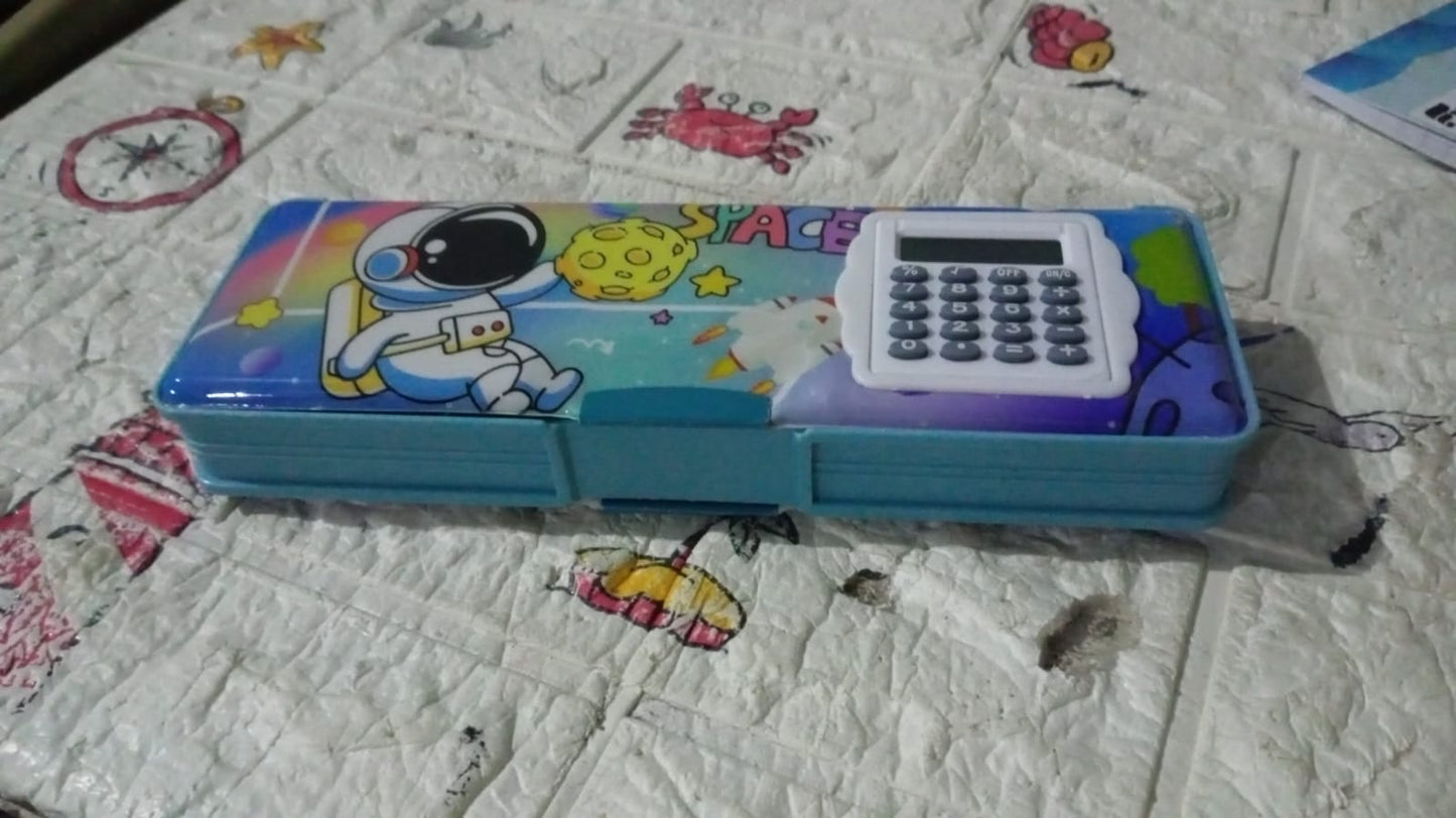 Colorful magnetic geometry box for students featuring a space theme and built-in calculator