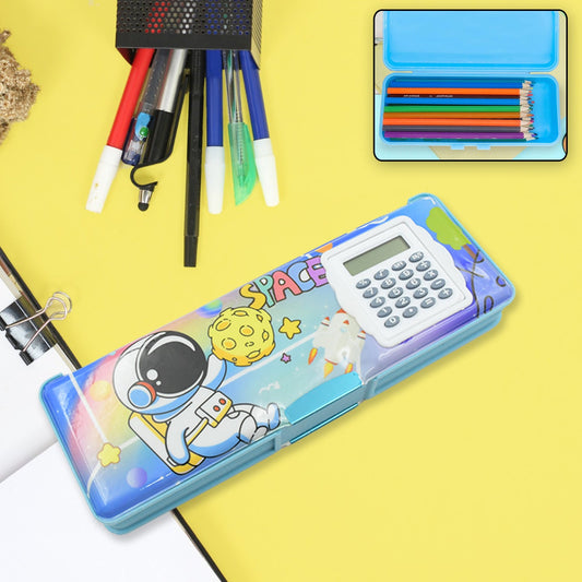Blue magnetic geometry box for students with calculator and colorful stationery supplies inside