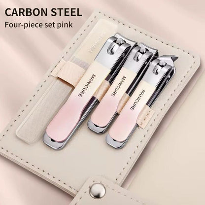 Durable nail grooming tools four-piece set with pink handles and filing accessories in a beige case