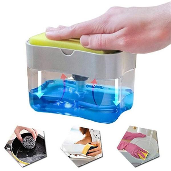 Kitchen dish soap dispenser with built-in sponge holder and easy press pump for efficient cleaning