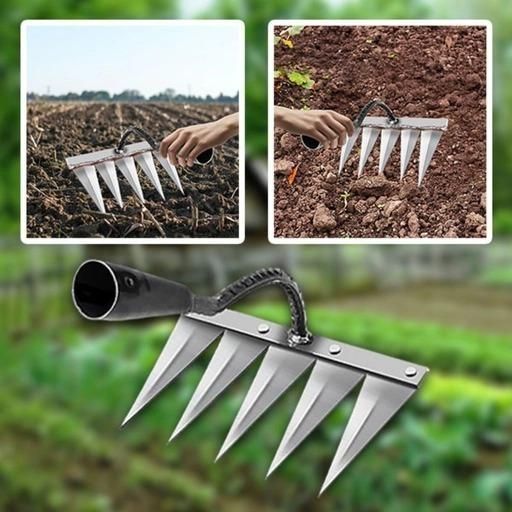 Manual soil cultivator for gardeners with five metal tines and ergonomic handle for easy soil cultivation